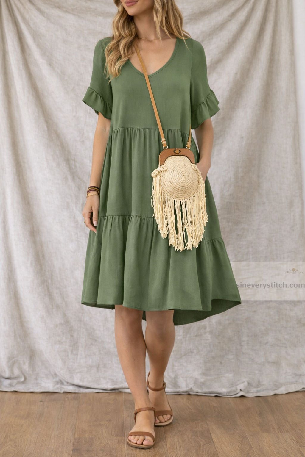 Women’s Casual V-Neck A-Line Dress – Short Sleeve Loose Summer Midi Dress