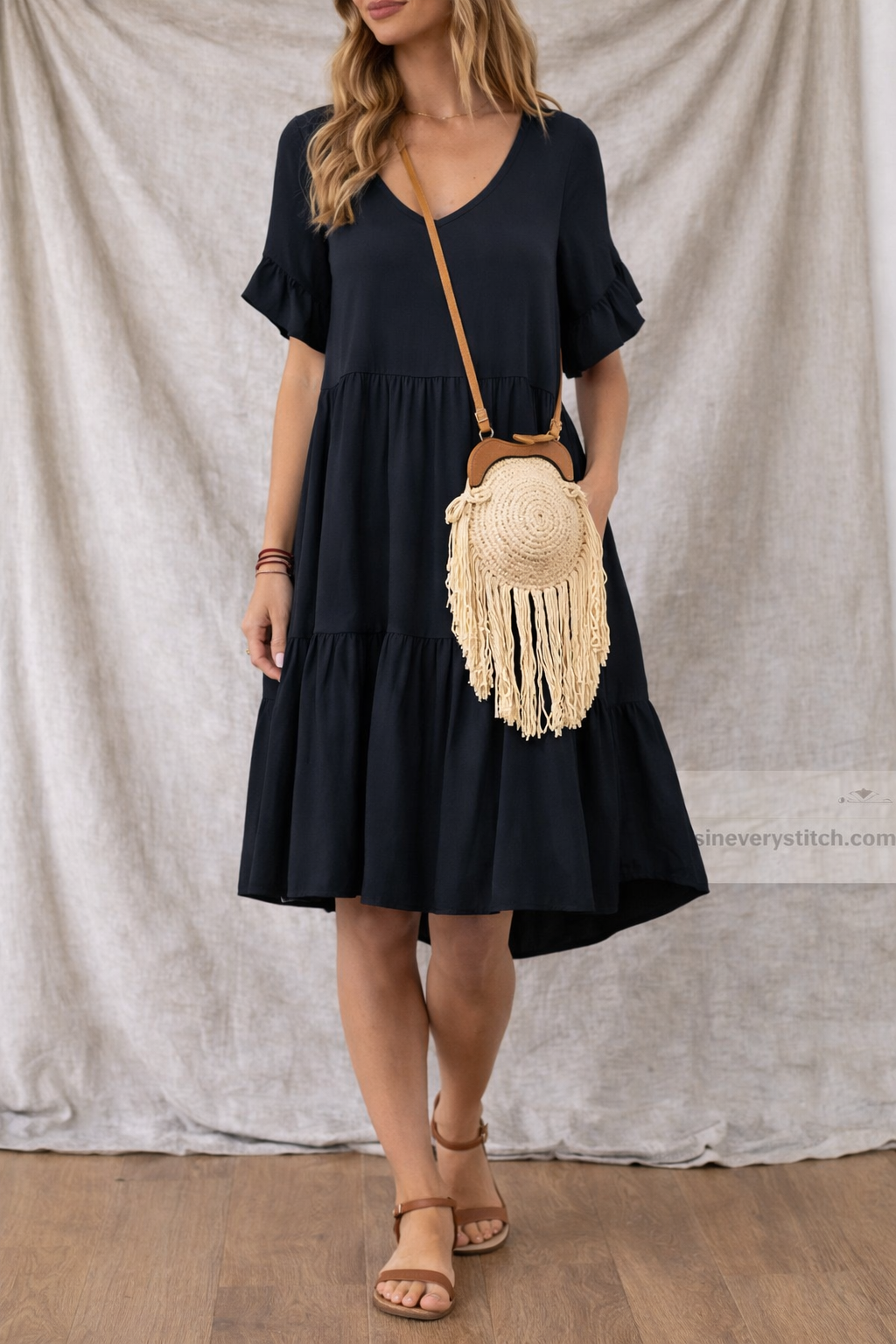 Women’s Casual V-Neck A-Line Dress – Short Sleeve Loose Summer Midi Dress