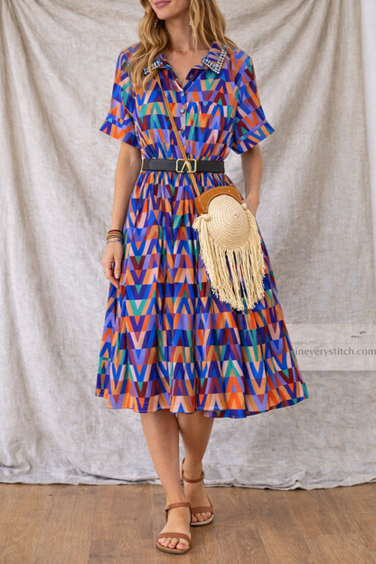 Women’s Boho Geometric Print Midi Dress – V-Neck Short Sleeve Casual Summer Dress