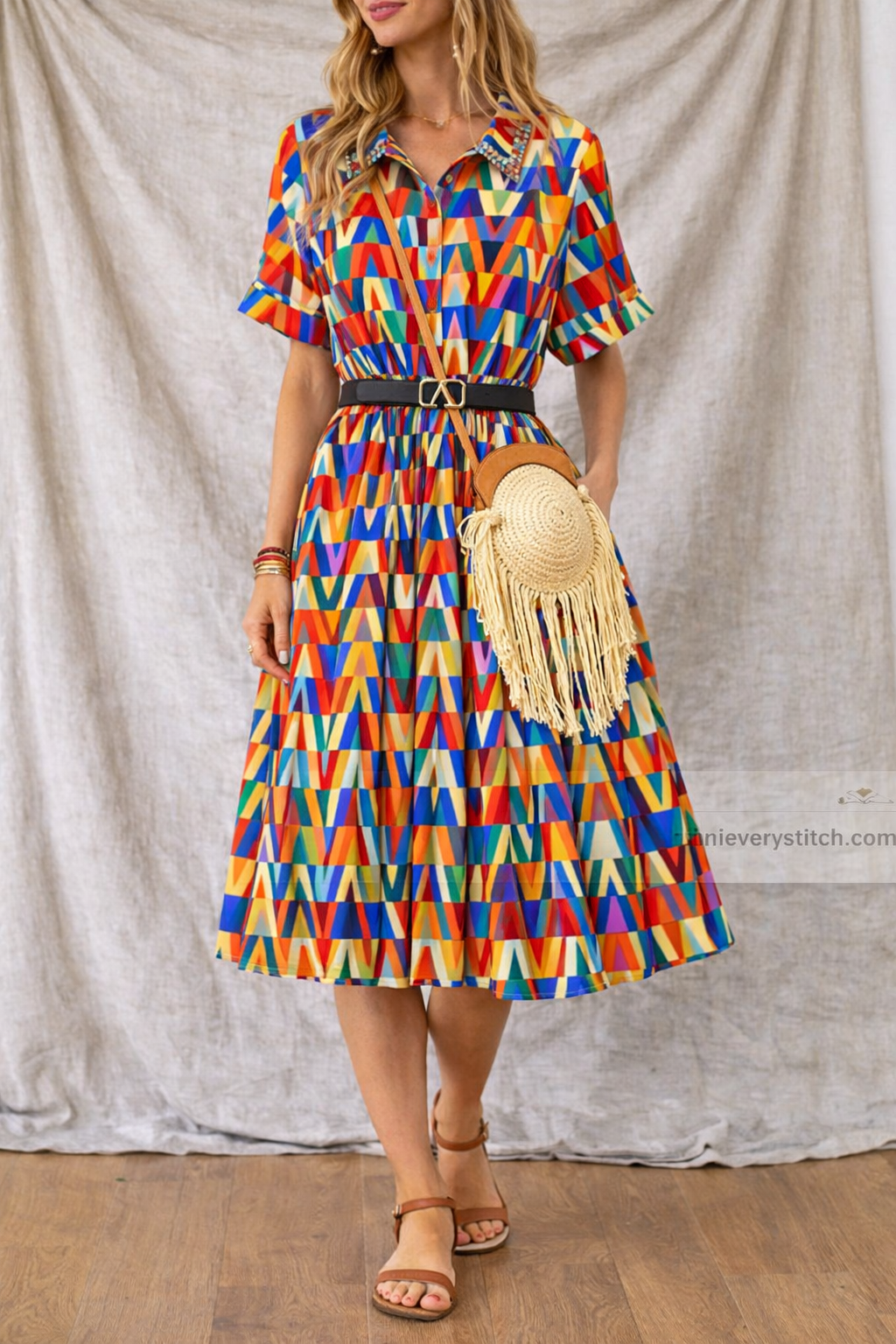 Women’s Boho Geometric Print Midi Dress – V-Neck Short Sleeve Casual Summer Dress