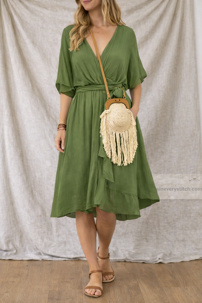 Women’s Casual V-Neck Flowy Midi Dress – Short Sleeve Loose Summer Dress