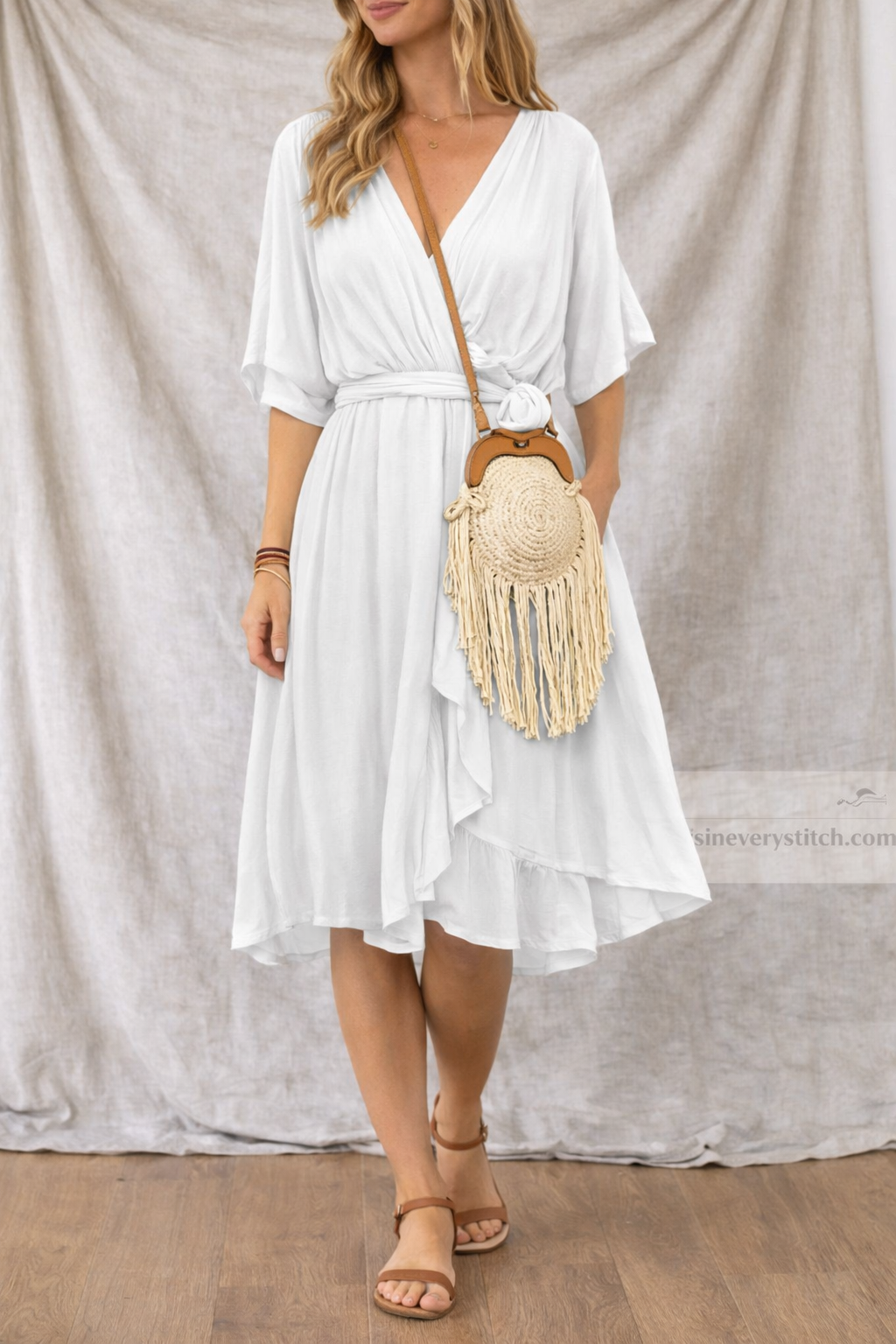 Women’s Casual V-Neck Flowy Midi Dress – Short Sleeve Loose Summer Dress