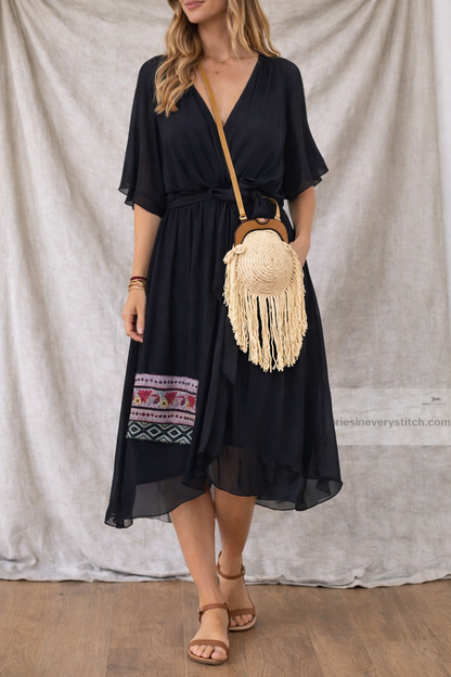 Women’s Casual V-Neck Flowy Midi Dress – Short Sleeve Loose Summer Dress