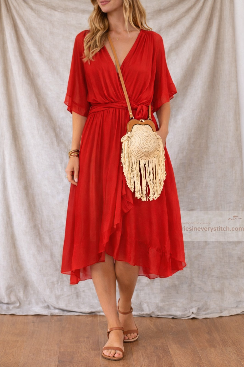 Women’s Casual V-Neck Flowy Midi Dress – Short Sleeve Loose Summer Dress