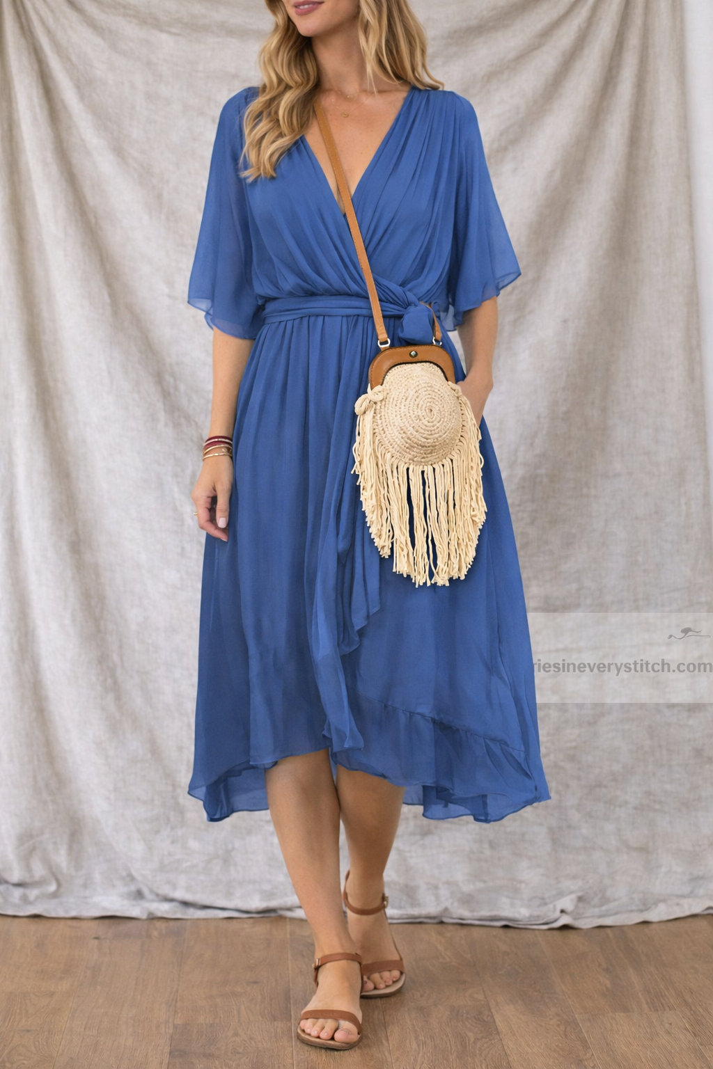 Women’s Casual V-Neck Flowy Midi Dress – Short Sleeve Loose Summer Dress