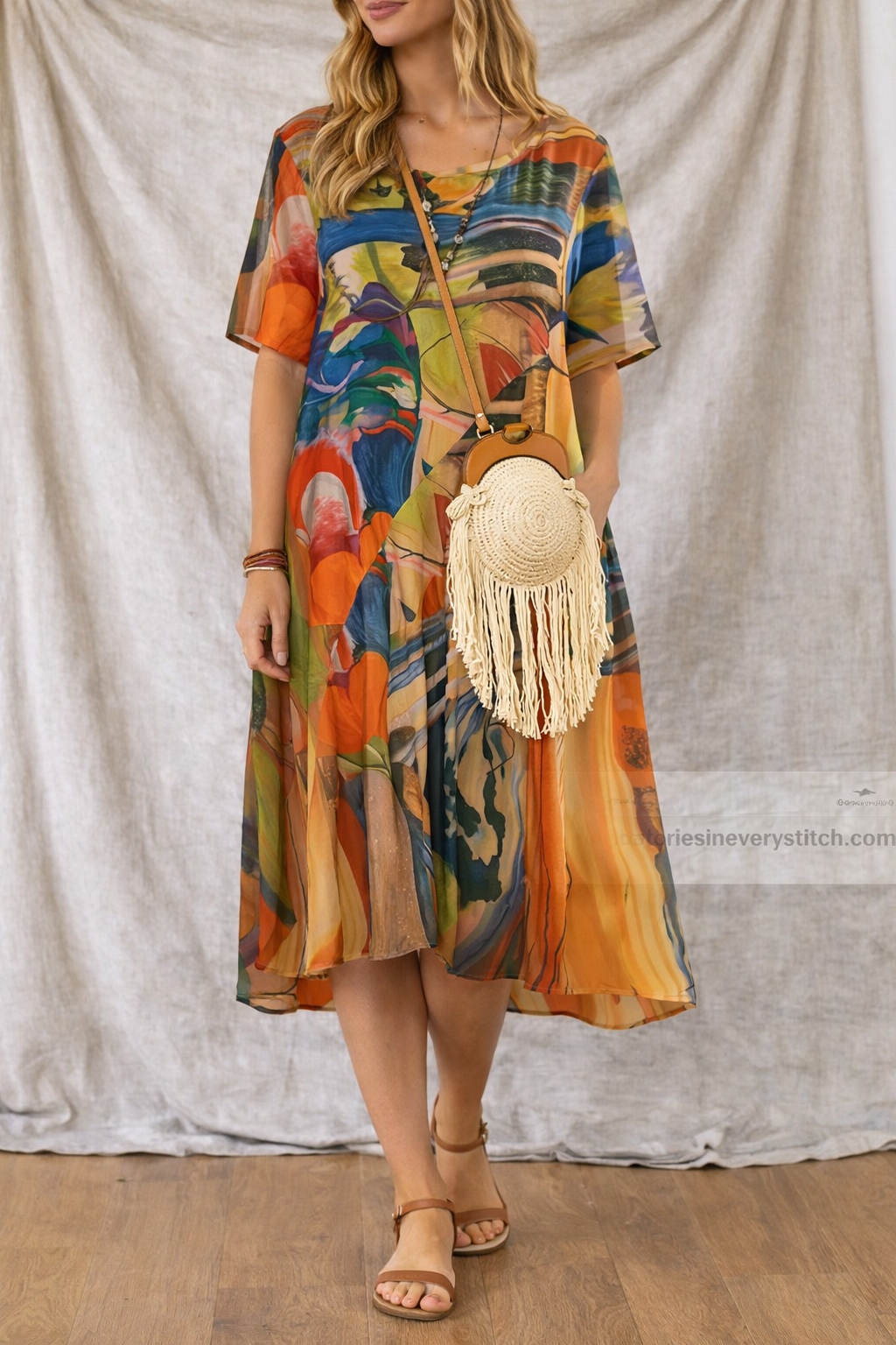 Boho Printed Midi Dress with Short Sleeves and V-Neck – Relaxed Flowy Fit
