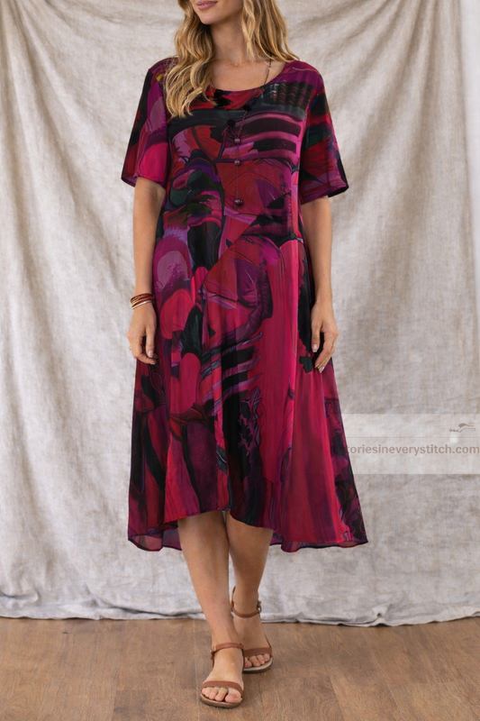Boho Printed Midi Dress with Short Sleeves and V-Neck – Relaxed Flowy Fit