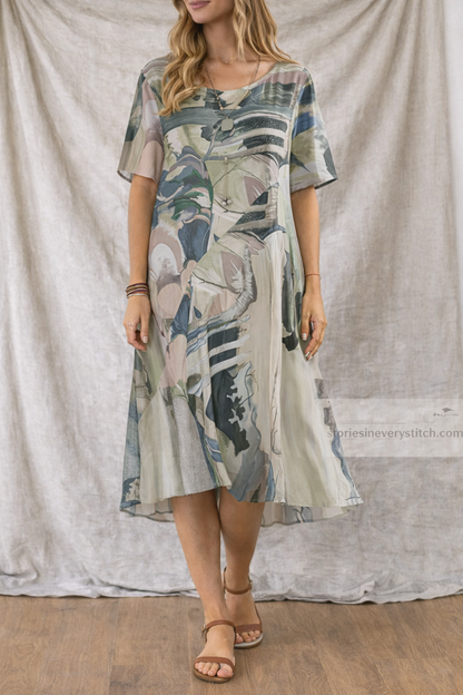 Boho Printed Midi Dress with Short Sleeves and V-Neck – Relaxed Flowy Fit