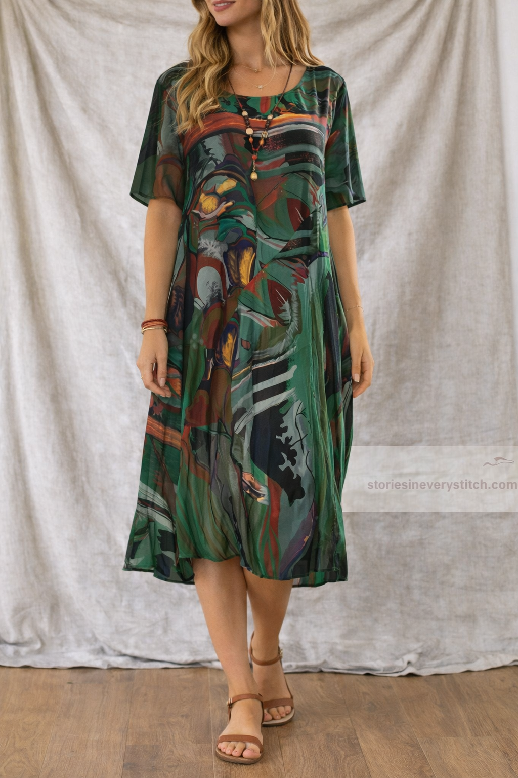 Boho Printed Midi Dress with Short Sleeves and V-Neck – Relaxed Flowy Fit