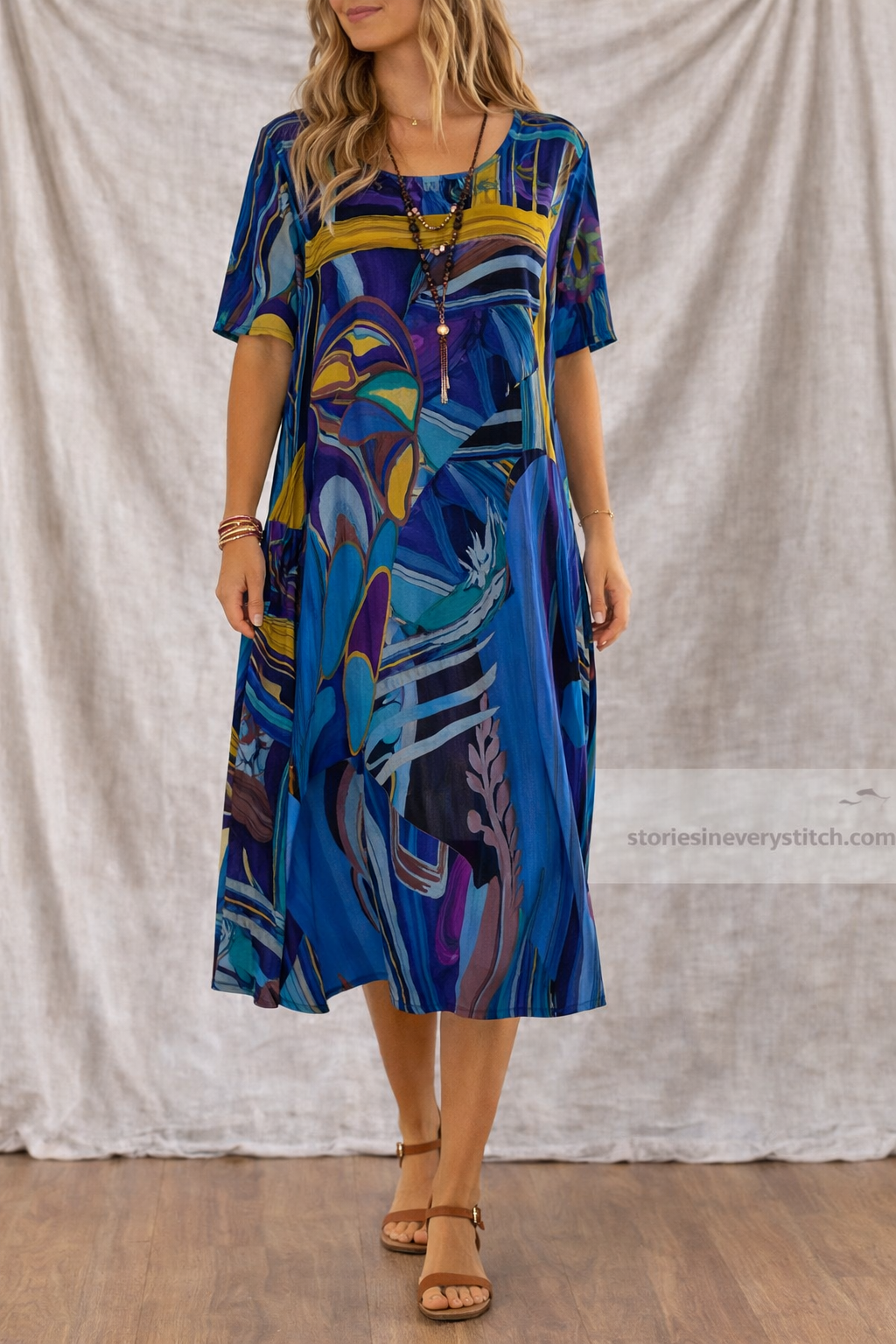 Boho Printed Midi Dress with Short Sleeves and V-Neck – Relaxed Flowy Fit
