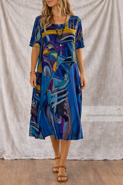 Boho Printed Midi Dress with Short Sleeves and V-Neck – Relaxed Flowy Fit