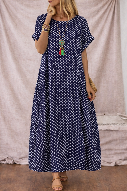 Women’s Polka Dot Midi Dress – Casual Short Sleeve Loose Summer Dress