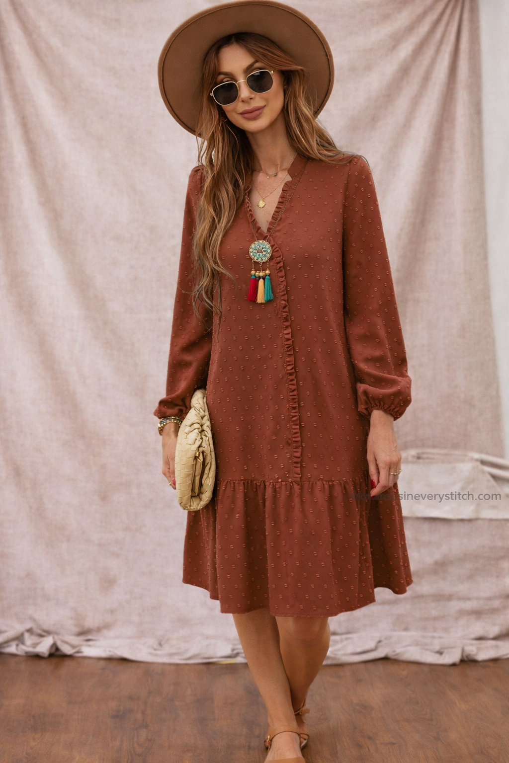 Boho Long Sleeve Midi Dress with Ruffle Hem – Relaxed Flowy Fit