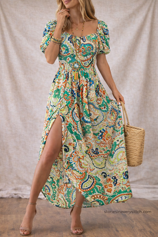 Women’s Boho Floral Maxi Dress – Off Shoulder Split Summer Beach Dress