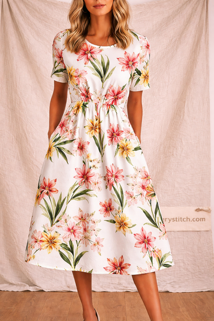 Floral Short Sleeve Midi Dress