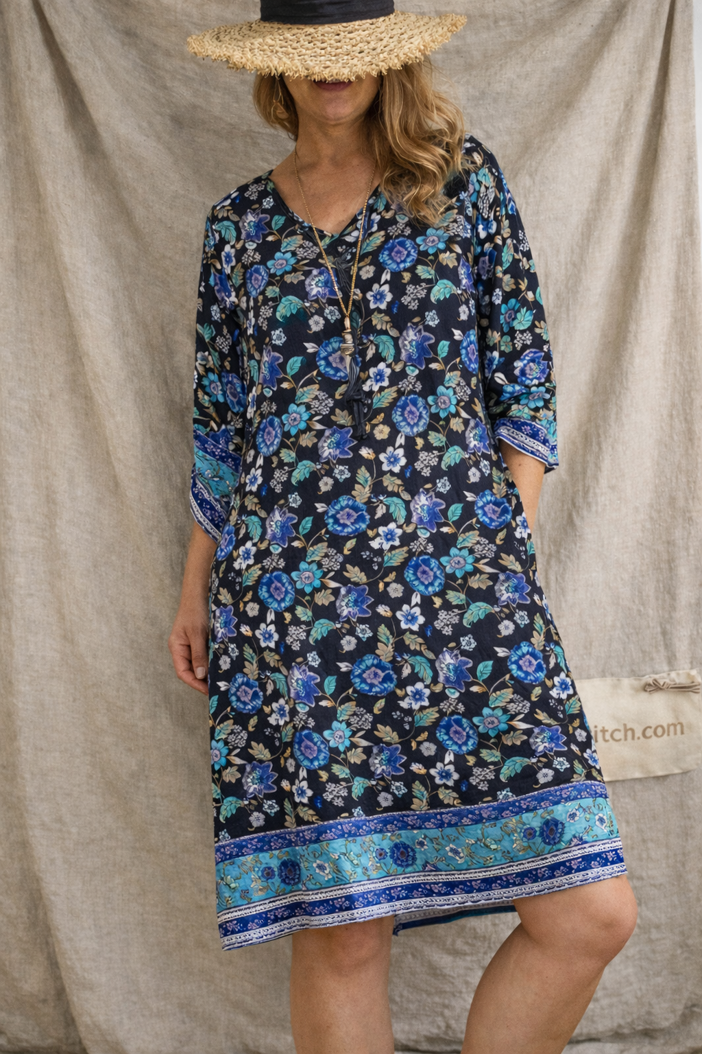 Boho Floral Mini Dress with V-Neck and Three-Quarter Sleeves – Relaxed Flowy Fit