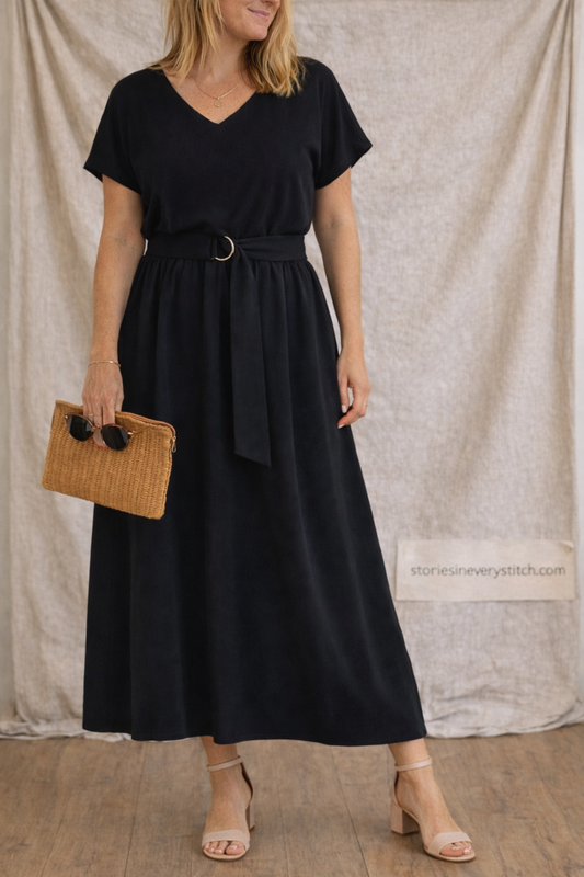 Classic V-Neck Belted Maxi Dress
