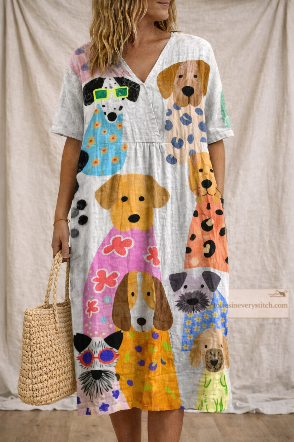 Abstract Stripe V-Neck Midi Dress