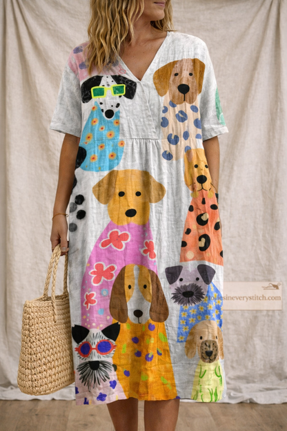 Abstract Stripe V-Neck Midi Dress