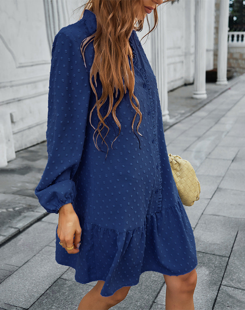 Casual Holiday Dress Spring And Summer Long Sleeves Ruffled Solid Color A- Line Skirt