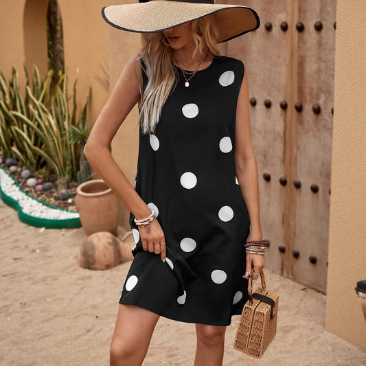 Women's White Polka Dot Print Sleeveless Dress Loose Plus Size