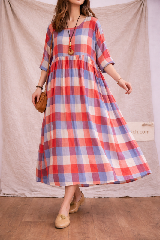 Vintage Plaid Oversized Midi Dress