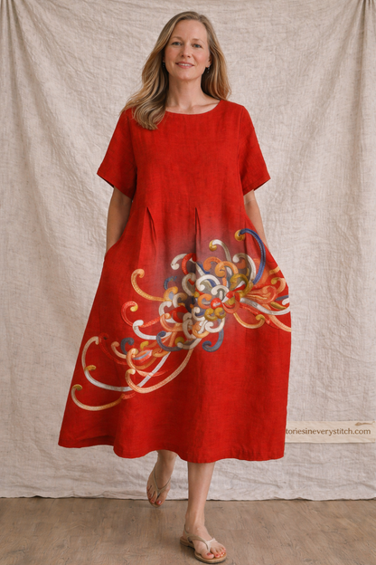 Women’s Elegant Floral Jacquard Midi Dress – Loose Fit Casual Summer A-Line Dress