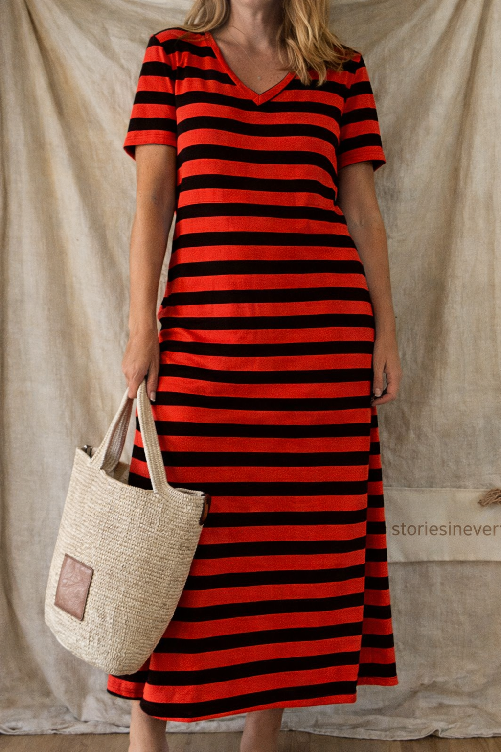 Stripe Flow V-Neck Midi Dress