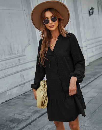 Casual Holiday Dress Spring And Summer Long Sleeves Ruffled Solid Color A- Line Skirt