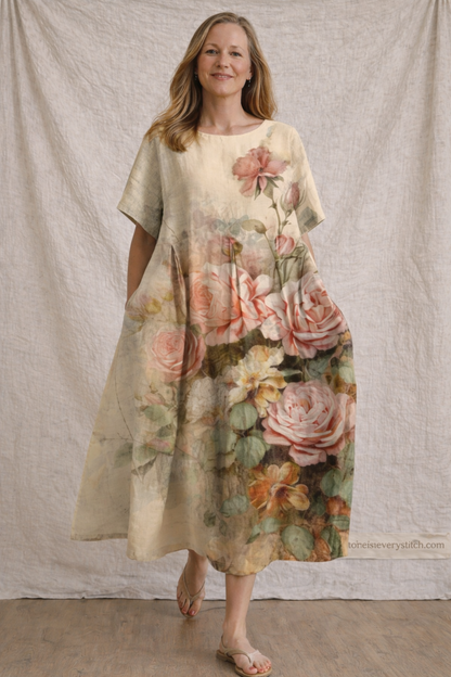 Women’s Elegant Floral Jacquard Midi Dress – Loose Fit Casual Summer A-Line Dress