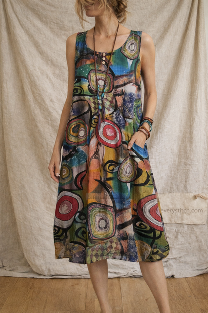 Colorful Abstract Print Sleeveless Midi Dress