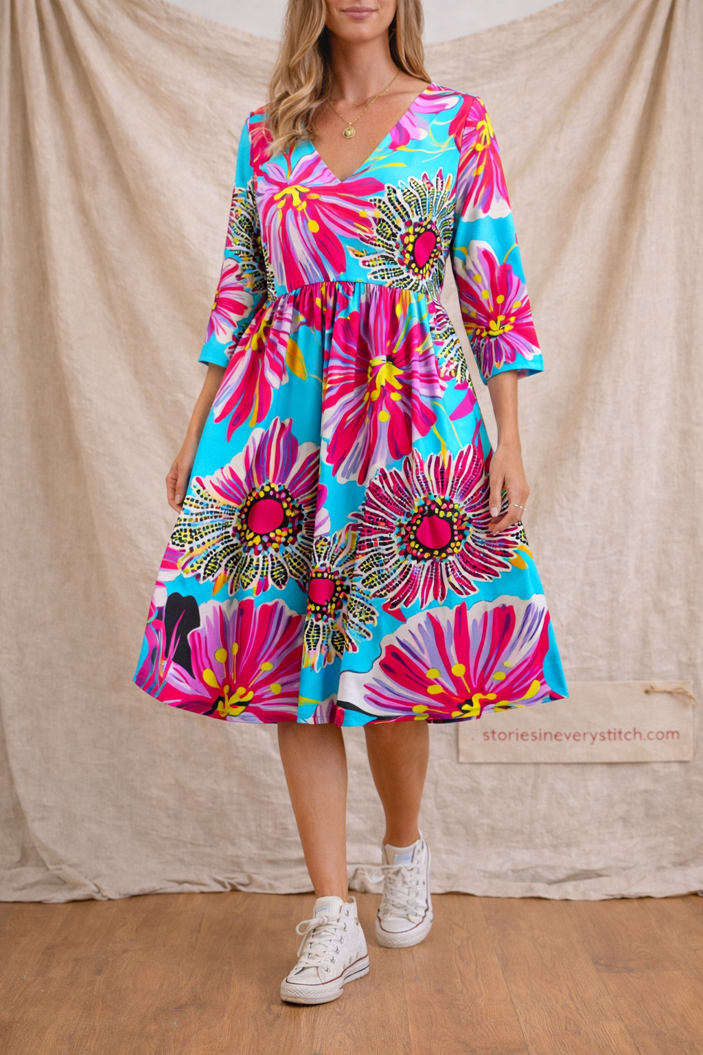 Bold Floral Print Swing Midi Dress