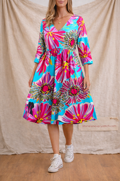 Bold Floral Print Swing Midi Dress