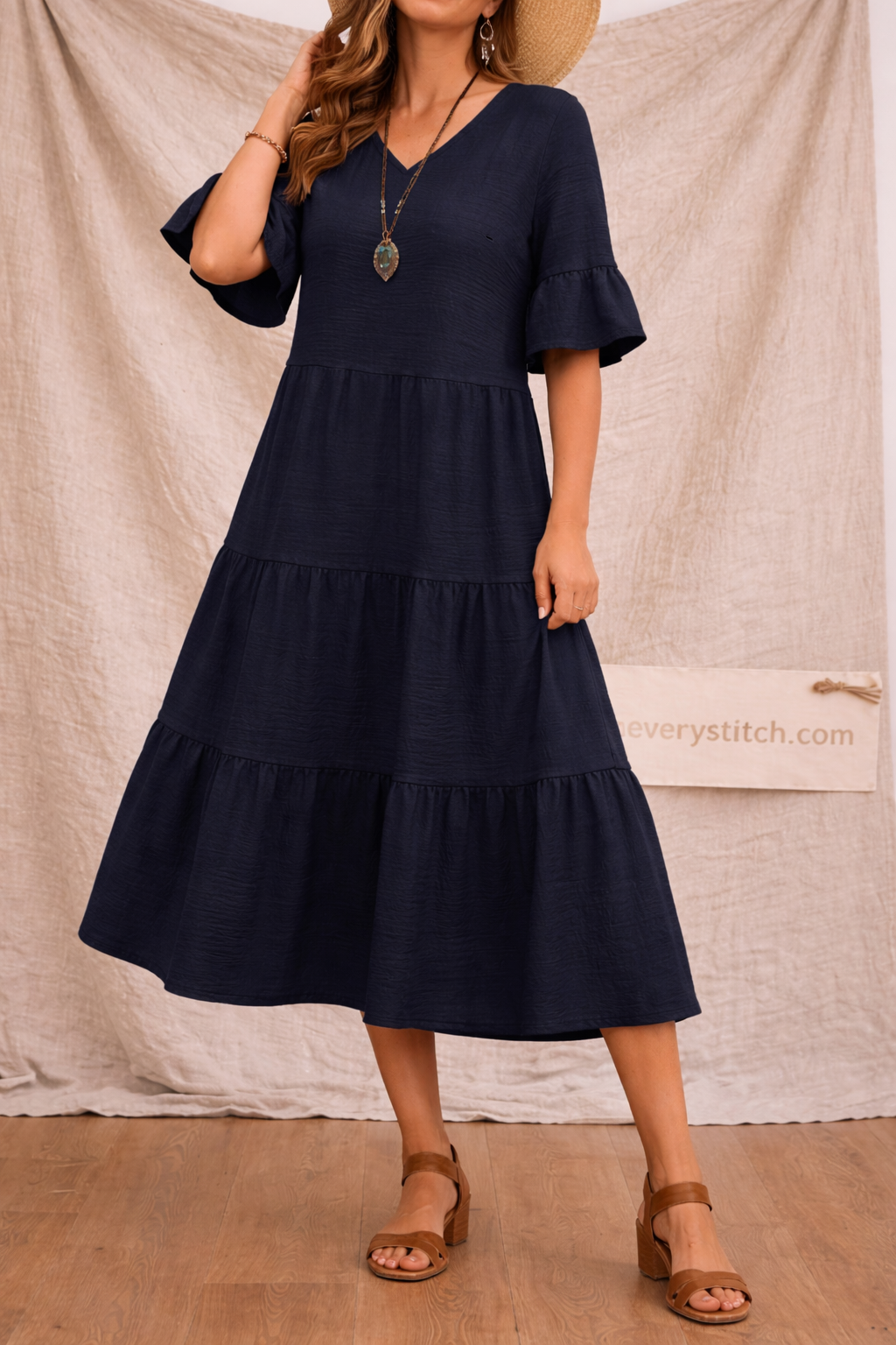 Classic Tiered Ruffle Sleeve Midi Dress