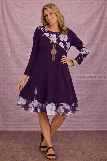 Women’s Floral Patchwork Mini Dress – Long Sleeve Casual Layered Dress
