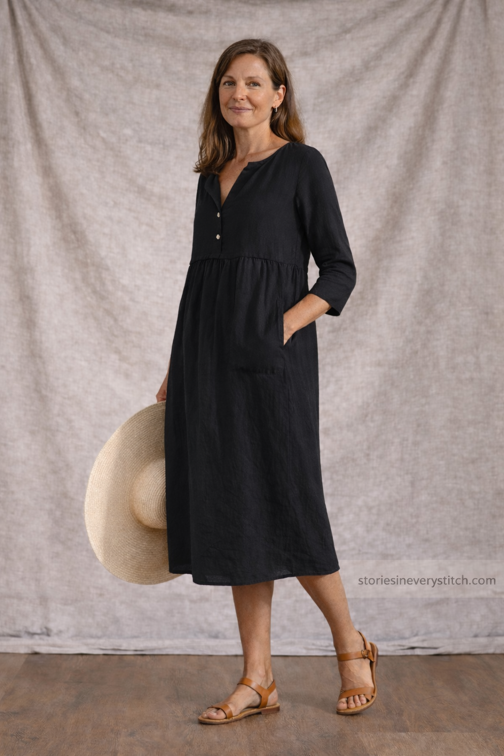 Women’s Casual V-Neck Midi Dress with Pockets – 3/4 Sleeve Loose Linen Summer Dress