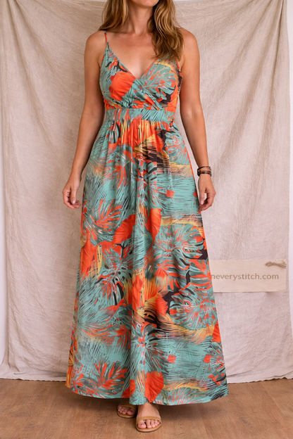 Tropical Print Spaghetti Strap Maxi Dress