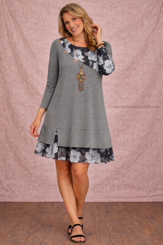 Women’s Floral Patchwork Mini Dress – Long Sleeve Casual Layered Dress