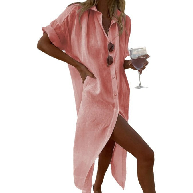 Women's Summer Solid Color Casual Long Cotton Cardigan Dress