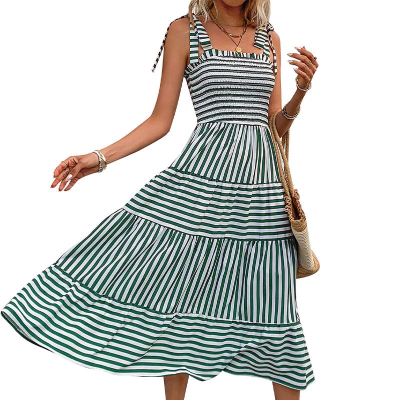European And American Summer Women's Holiday Striped Spaghetti Straps Dress