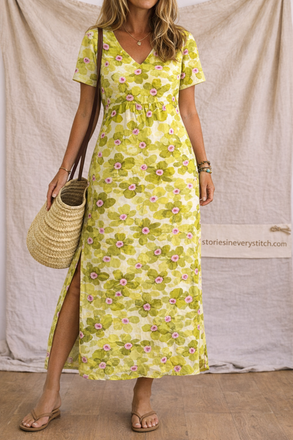 Floral Print V-Neck Short Sleeve Maxi Dress