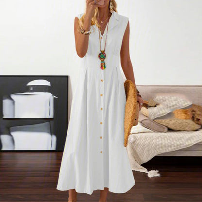 European American Summer New Skirt Lapel Women's A- Line Vintage Cotton And Linen Long Dress