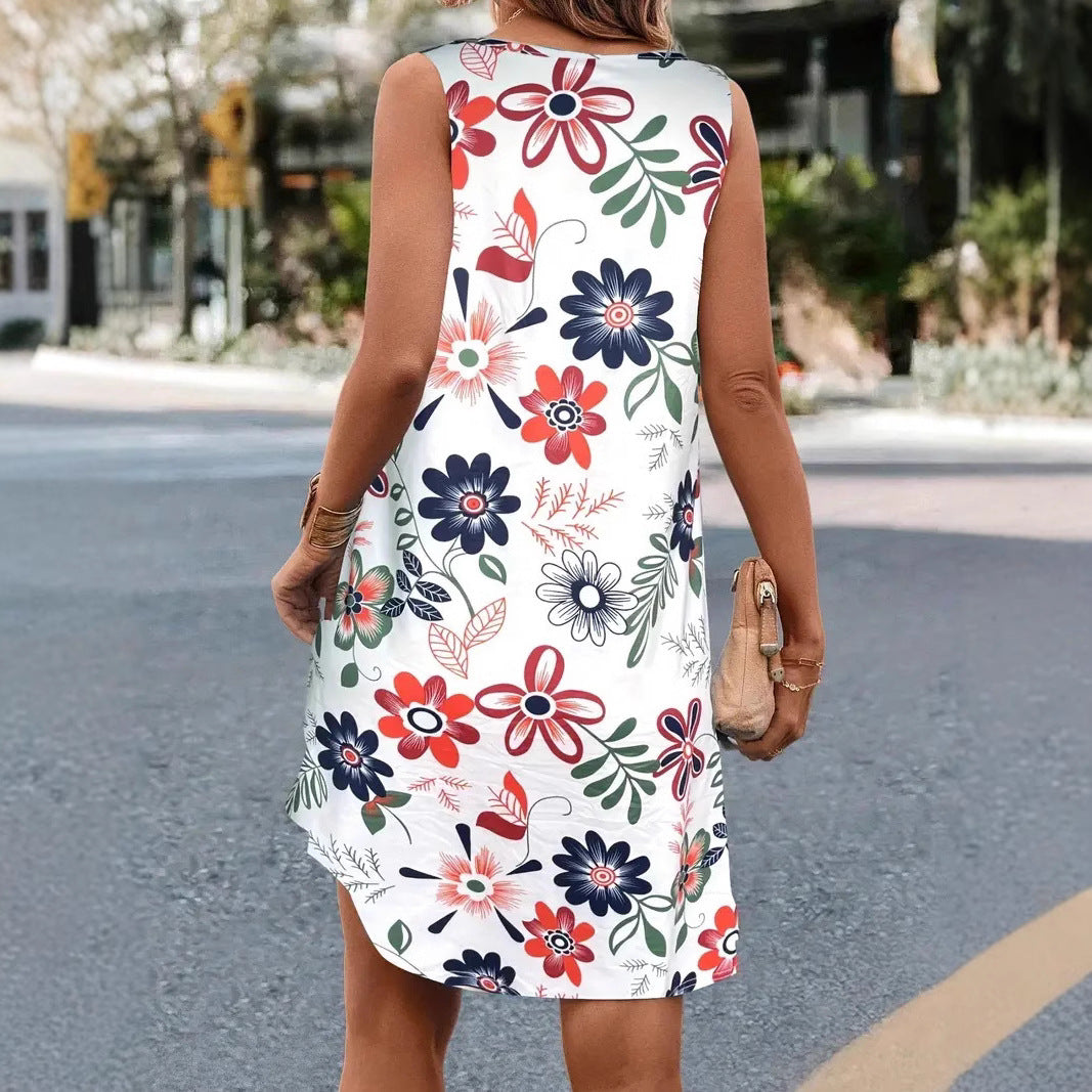 Women's Summer Floral Print Round Neck Vest Mid-length Sleeveless Dress