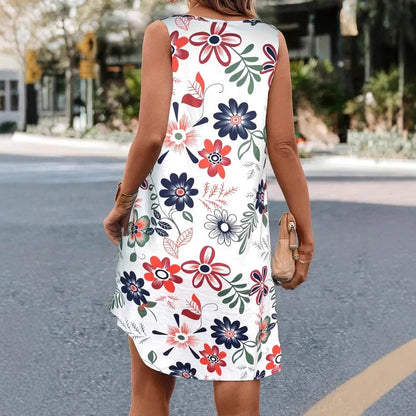Women's Summer Floral Print Round Neck Vest Mid-length Sleeveless Dress