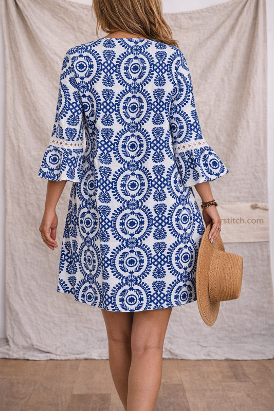 Bohemian Lace Trim Printed Mini Dress