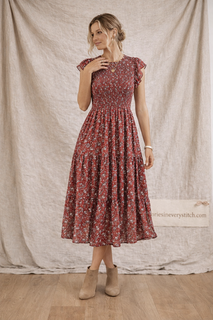 Printed Ruffle Sleeve Midi Dress