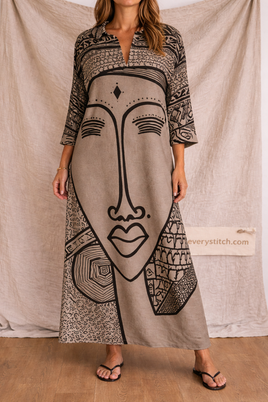Abstract Face Print Boho Midi Dress