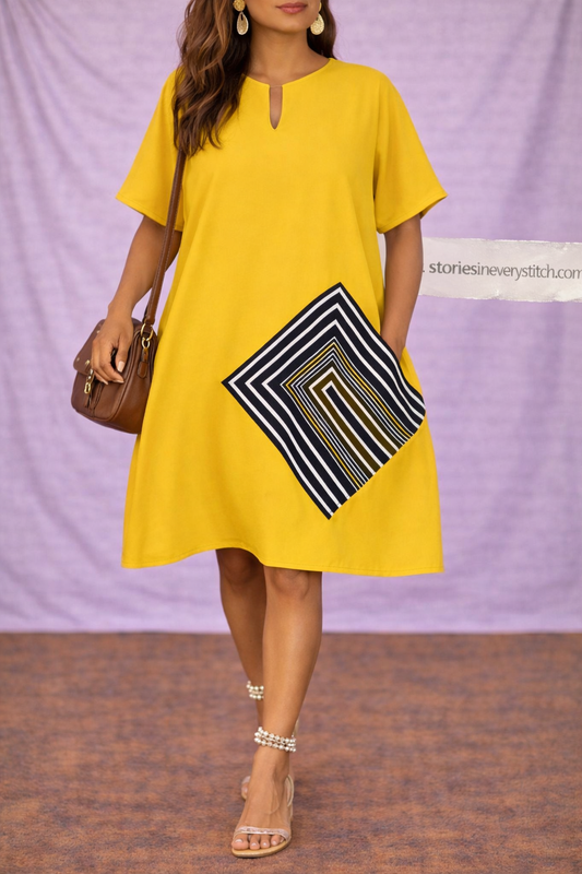 Women’s Geometric Pocket Mini Dress – Casual Loose Short Sleeve Summer Dress