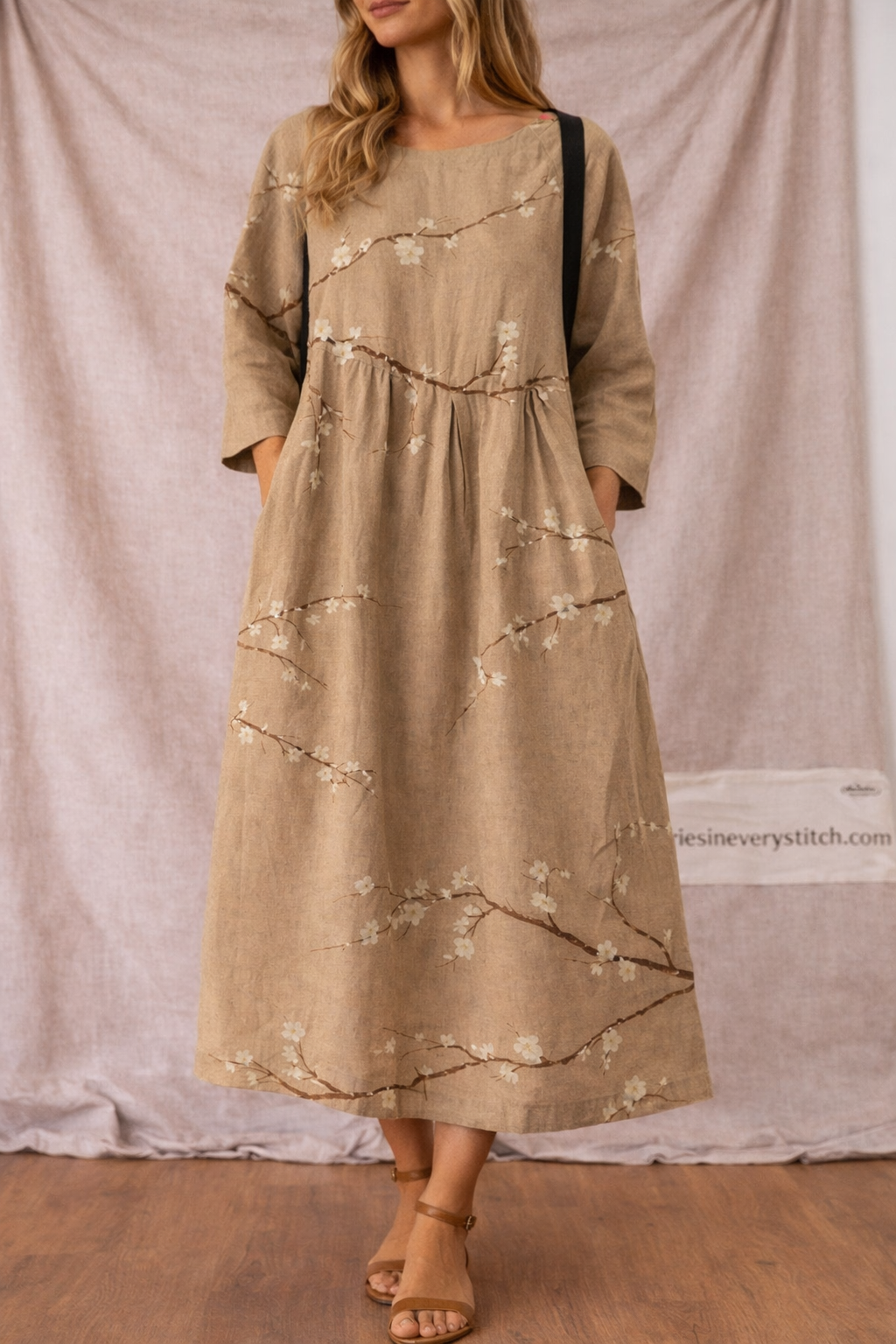 Women’s Vintage Floral Mixi Dress – Casual Loose Long Sleeve Summer Dress with Pockets