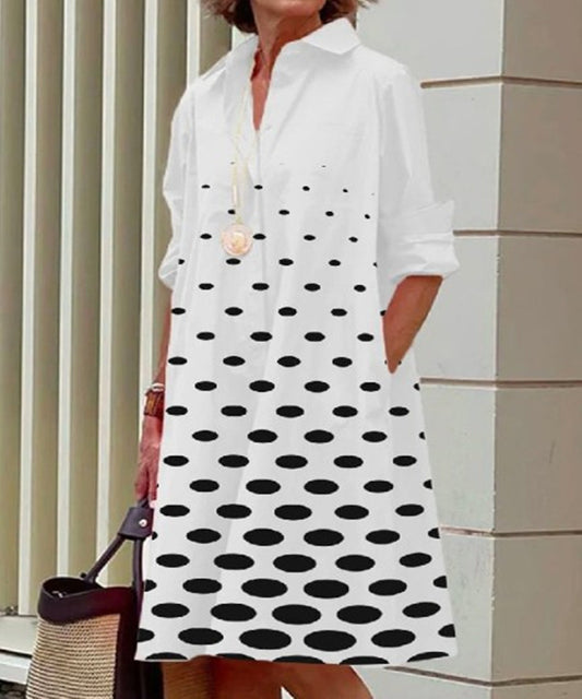 Fashion Polka Dot Print Shirt Collar Long Sleeve Pocket Mid-length Dress